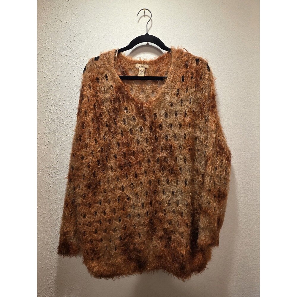 Lani Rust Orange Fluffy Open Knit Pullover Sweater V-Neck Oversized Slouchy L